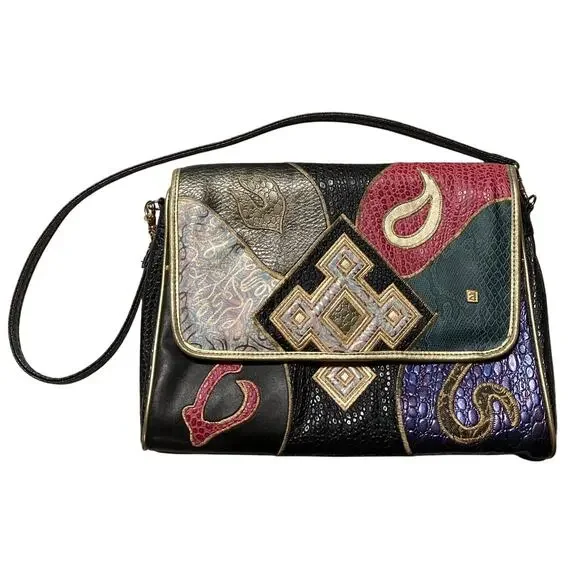 Vtg Womens Alentino Faux Leather Bag Purse Multicolor Patchwork Removable Strap - Picture 2 of 10